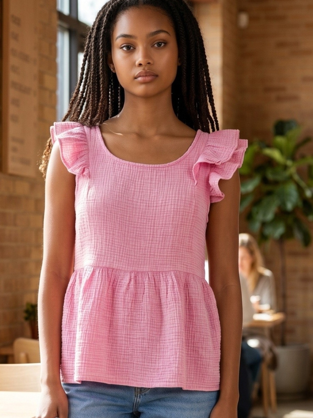 Zenana Pink Ruffle-Sleeve Cotton‎ Gauze Peplum Top